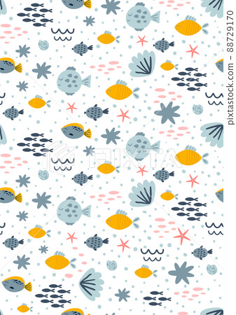 Sea birthday invitation seamless pattern. Kids birthday party underwater background. Ocean life card template. Cute marine life, corals reef fish cartoon banner. Ocean paper vector illustration. Sea birthday invitation seamless pattern. Kids birthday party underwater background. Ocean life card template. Cute marine life, corals reef fish cartoon banner. Ocean paper vector illustration. 88729170