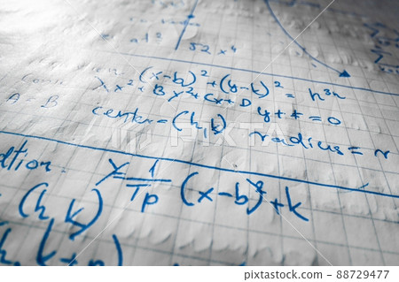 Mathematical formulas written in notebook closeup photo Mathematical formulas written in notebook closeup photo 88729477