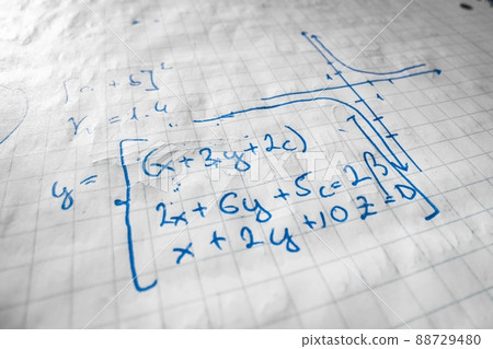 Mathematical formulas written in notebook closeup photo Mathematical formulas written in notebook closeup photo 88729480