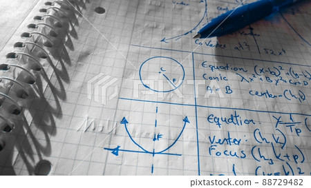 Mathematical formulas written in notebook closeup photo Mathematical formulas written in notebook closeup photo 88729482