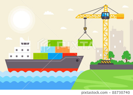 dry cargo ship near the coast is loaded with containers for transportation across the seas. 88730740