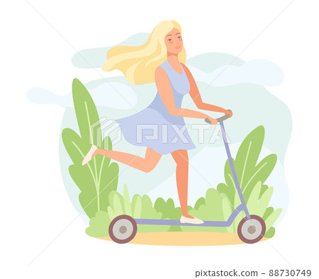 Blond Woman in Blue Dress Riding Kick Scooter in Hot Summer Day Vector Illustration 88730749