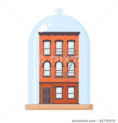 Rent control house concept. Rent stabilized apartment unit. Brick building covered by glass dome. Protected property. Flat vector 88730979