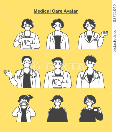 A simple and cute illustration set for male and female doctors and children who will guide you with a mask 88731049