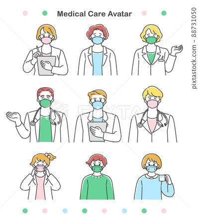 A simple and cute illustration set for male and female doctors and children who will guide you with a mask 88731050