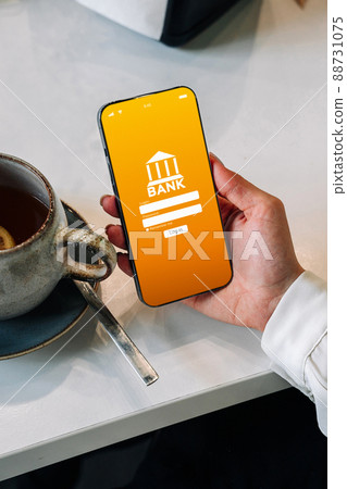 Mobile banking network. Smartphone with internet online bank application. Debit card wallet app. Save currency money wallet. Mobile banking network. Smartphone with internet online bank application. Debit card wallet app. Save currency money wallet. 88731075
