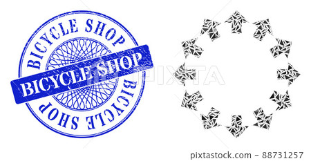 Grunge Bicycle Shop Stamp and Triangle Radial Arrows Mosaic 88731257