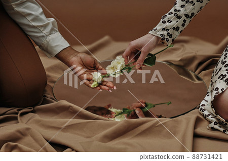 Close-up of young woman giving white flower to her girlfriend which reflected in mirror Close-up of young woman giving white flower to her girlfriend which reflected in mirror 88731421