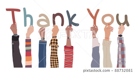 Raised arms of people of diverse culture holding in hand the letters forming the word -Thank You- in their hands. Gratitude and agreement between colleagues. Appreciation. Team. Isolated 88732081