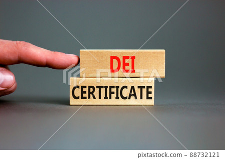 DEI diversity equity inclusion certificate symbol. Blocks with words DEI certificate on beautiful grey background. Business DEI diversity equity inclusion certificate concept. Copy space. 88732121