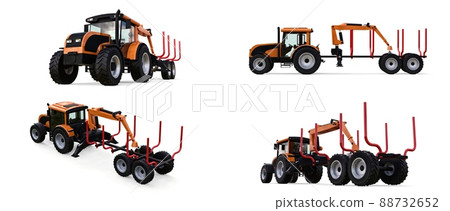 Orange tractor with a trailer for logging on a white background. 3d rendering. 88732652