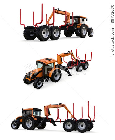 Orange tractor with a trailer for logging on a white background. 3d rendering. 88732670