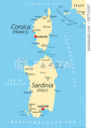 Corsica and Sardinia, political map. French and Italian islands, with capitals Ajaccio and Cagliari. Islands in Mediterranean Sea, west of Italian Peninsula and Tyrrhenian Sea, south of Ligurian Sea. 88732897