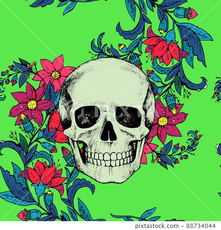 Seamless pattern with flowers and skull on... - Stock Illustration ...