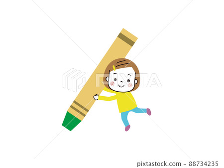 Girl holding a big crayon Green crayon 88734235