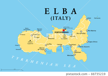 Elba, political map, Mediterranean island in Tuscany, Italy, with capital Portoferraio. Located in the Tyrrhenian Sea and largest island in the Tuscan Archipelago. Site of the first exile of Napoleon. Elba, political map, Mediterranean island in Tuscany, Italy, with capital Portoferraio. Located in the Tyrrhenian Sea and largest island in the Tuscan Archipelago. Site of the first exile of Napoleon. 88735219