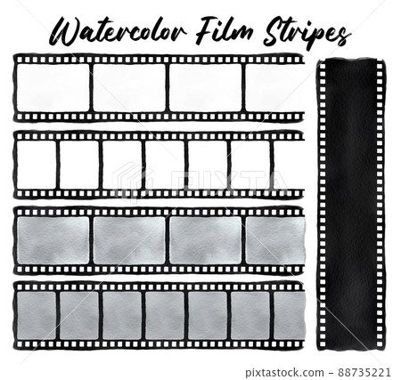 Watercolor film stripes. Hand drawn cinema set isolated on white backgroung Watercolor film stripes. Hand drawn cinema set isolated on white backgroung 88735221