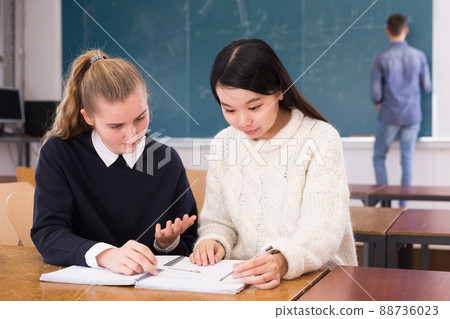 Girl student helping Chinese girl schoolmate prepare for exam 88736023