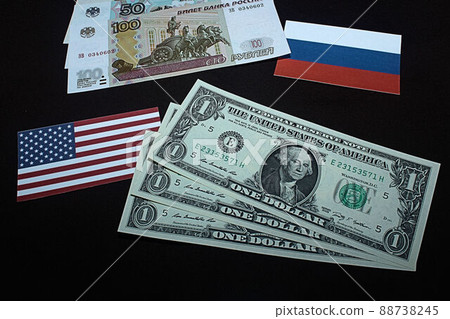 [Thumbnails of articles on US dollars, Russian rubles, foreign exchange, FX, stocks, etc.] Russian rubles banknotes and charts 88738245