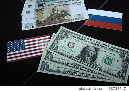 [Thumbnails of articles on US dollars, Russian rubles, foreign exchange, FX, stocks, etc.] Russian rubles banknotes and charts 88738247