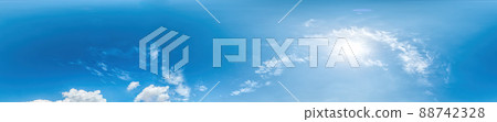 Blue sky with light clouds Seamless panorama in spherical equirectangular format with complete zenith for use in 3D graphics, game and for composites in aerial drone 360 degree panoramas as a sky dome 88742328