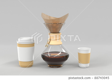 Glass coffeemaker with paper filter and disposable coffee cups. Transparent carafe with brewed espresso and cardboard packaging for takeaway drinks isolated on grey background. Realistic 3d set 88743045