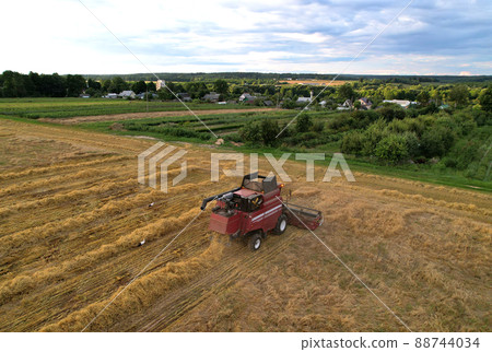 Combine harvester on harvesting oilseed rape in field.  88744034