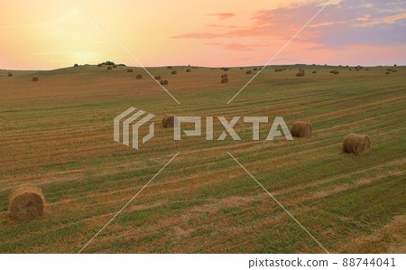 Haystack on field on sunset background. 88744041