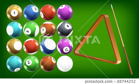 Billiard Balls, Wooden Triangle And Cue Set Vector Billiard Balls, Wooden Triangle And Cue Set Vector 88744252