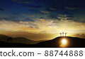 Three crosses on the hill and Jesus tomb with clouds moving on the starry sky 88744888