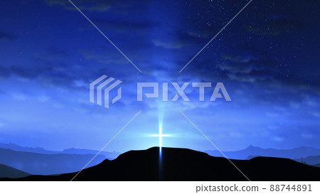 Bright cross on the hill with clouds moving on the blue starry sky Bright cross on the hill with clouds moving on the blue starry sky 88744891
