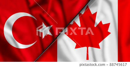 waving colorful flag of turkey and national flag of canada. 3d illustration. waving colorful flag of turkey and national flag of canada. 3d illustration. 88745617