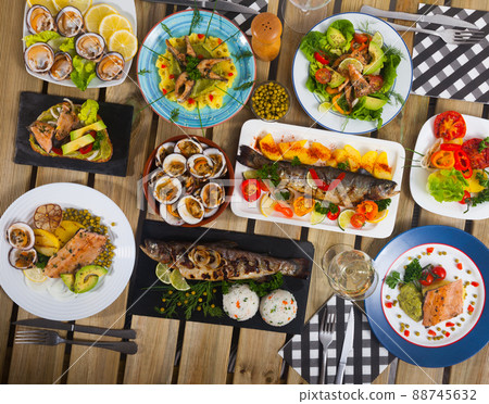 Set of dishes from trout and cockles 88745632