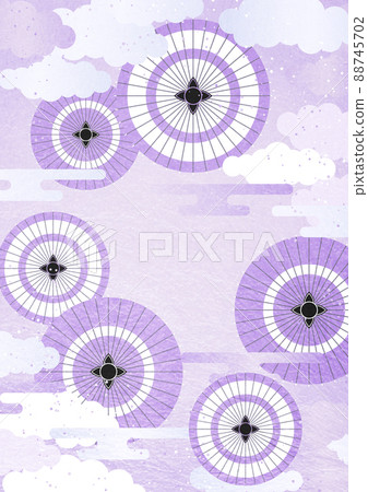 日本紙樣式日本傘和雲彩背景垂直的 Murasaki 日本紙樣式日本傘和雲彩背景垂直的 Murasaki 88745702