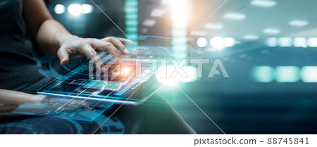 Businessman using tablet and touching data of banking on network connection. Digital marketing. Finance and banking networking. Online shopping and customer network, Technology cyber security. 88745841