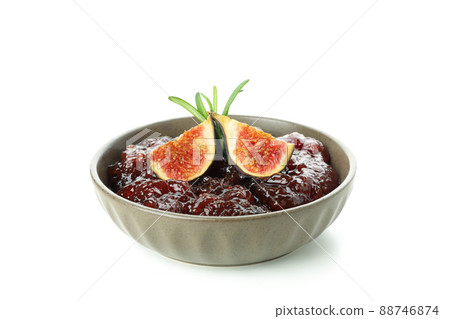 Bowl with fig jam and ingredients isolated on white background Bowl with fig jam and ingredients isolated on white background 88746874