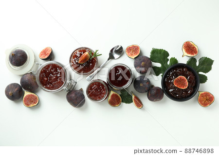 Concept of tasty food with fig jam on white background 88746898
