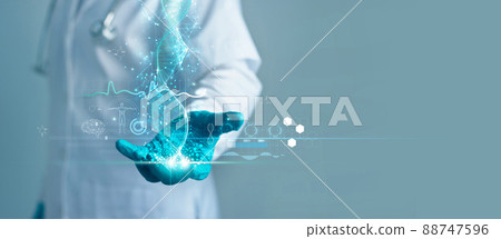Medicine doctor holding blue helix DNA structure on hologram modern virtual screen interface and diagnose  healthcare on digital network, Science, Medical technology and futuristic concept. 88747596