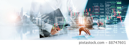 Double exposure, Graph growth of financial and economic, Business woman touching chart of business and financial stock market trading and stock exchange on global network. 88747601