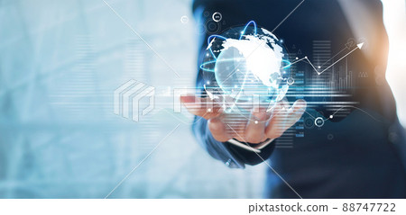 Businessman holding circle global network connection and data exchanges worldwide on work place background, business network communication and technology concept Businessman holding circle global network connection and data exchanges worldwide on work place background, business network communication and technology concept 88747722