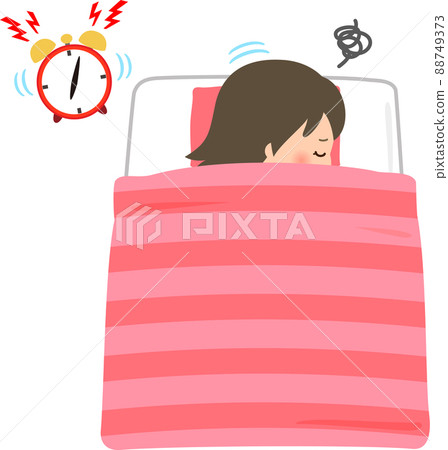 A ringing alarm clock and a woman who does not want to wake up 88749373