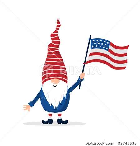 Patriotic american gnome. Cute scandinavian dwarf with flag. Elf celebrate Independence day in the United States. Happy 4th of july. Vector illustration in flat cartoon style. National freedom day Patriotic american gnome. Cute scandinavian dwarf with flag. Elf celebrate Independence day in the United States. Happy 4th of july. Vector illustration in flat cartoon style. National freedom day 88749533