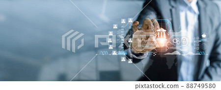 Businessman touching online banking and payment, Digital marketing. Finance and banking networking. Online shopping and icon customer network connection, cyber security. Business technology Businessman touching online banking and payment, Digital marketing. Finance and banking networking. Online shopping and icon customer network connection, cyber security. Business technology 88749580