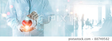 Medical business and health insurance, Medicine doctor with stethoscope holding red heart shape and medical insurance icon on global network connection interface on hospital background, Service and Medical business and health insurance, Medicine doctor with stethoscope holding red heart shape and medical insurance icon on global network connection interface on hospital background, Service and 88749582