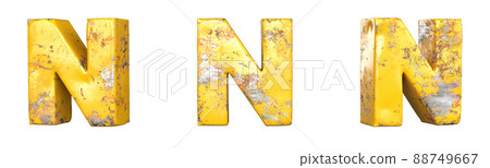 Letter N from alphabet set of metallic yellow grunge letters. Isolated. 3D Rendering Letter N from alphabet set of metallic yellow grunge letters. Isolated. 3D Rendering 88749667