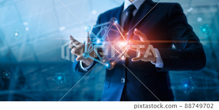 Businessman holding abstract digital networking structure on global network connection and data exchanges worldwide, Business network communication and technology concept. Businessman holding abstract digital networking structure on global network connection and data exchanges worldwide, Business network communication and technology concept. 88749702