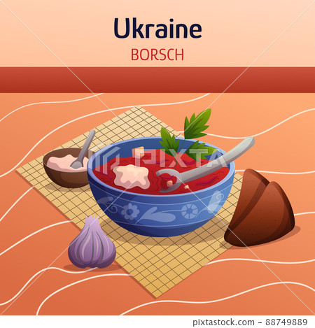 Ukrainian ethnic cuisine composition with borsch, bowl of sour cream, brown rye bread and garlic. Concept flat hand drawn vector illustration. Food dishes art. 88749889