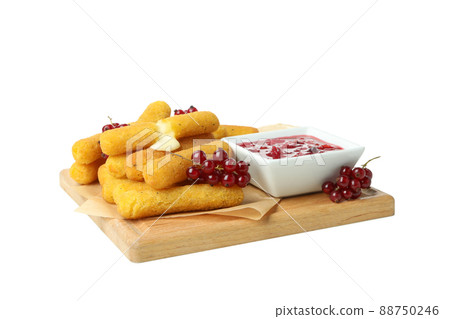 Board with tasty cheese sticks isolated on white background 88750246