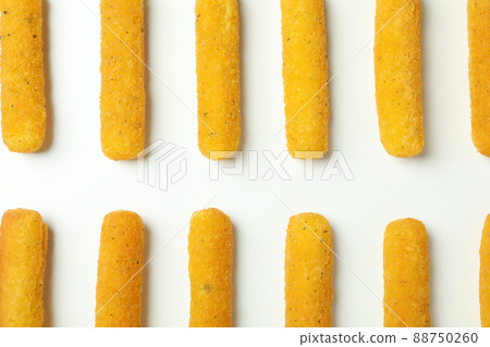 Flat lay with cheese sticks on white background 88750260