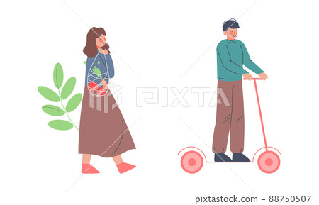 Man riding kick scooter and woman using eco net bag for shopping. Environment protection concept cartoon vector illustration 88750507